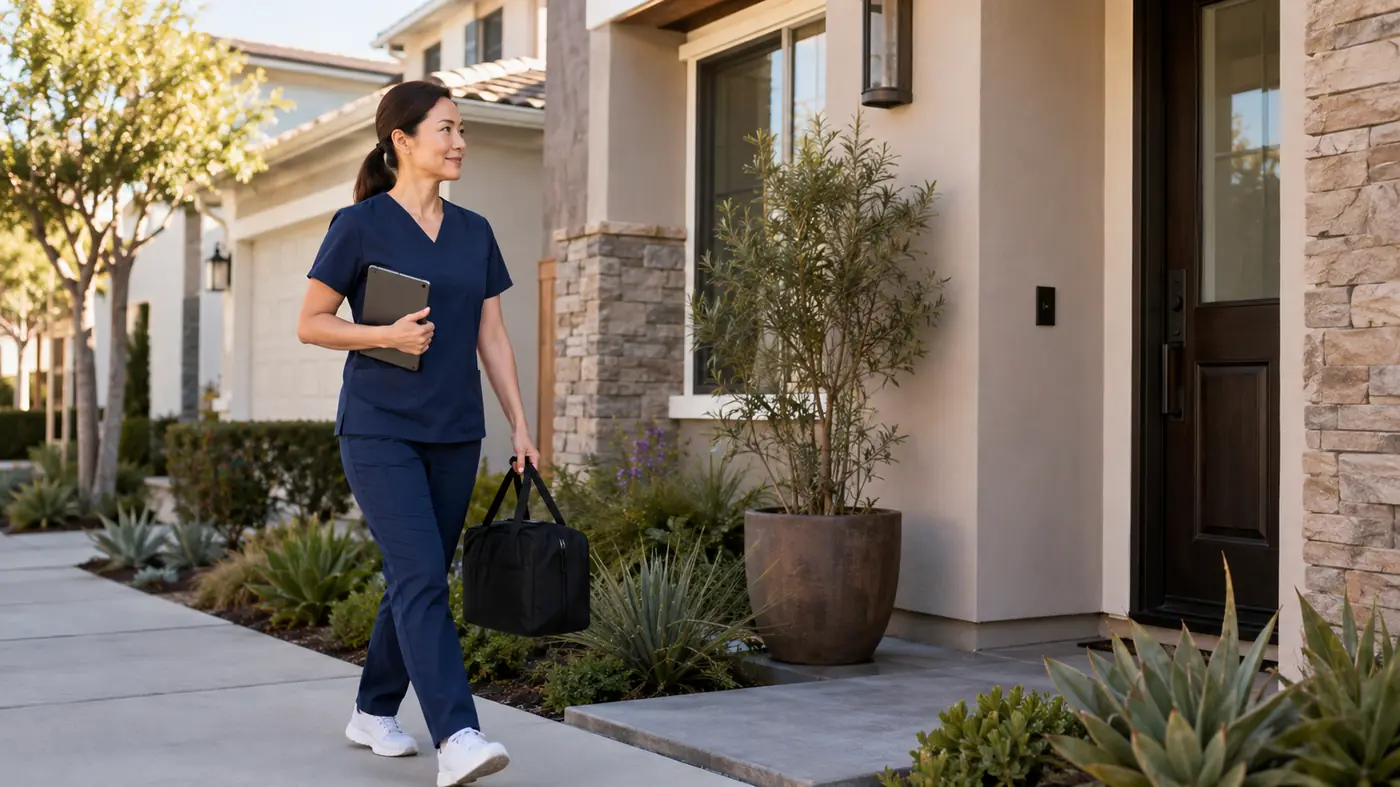 Registered nurse arriving with a clinical bag for a home assessment