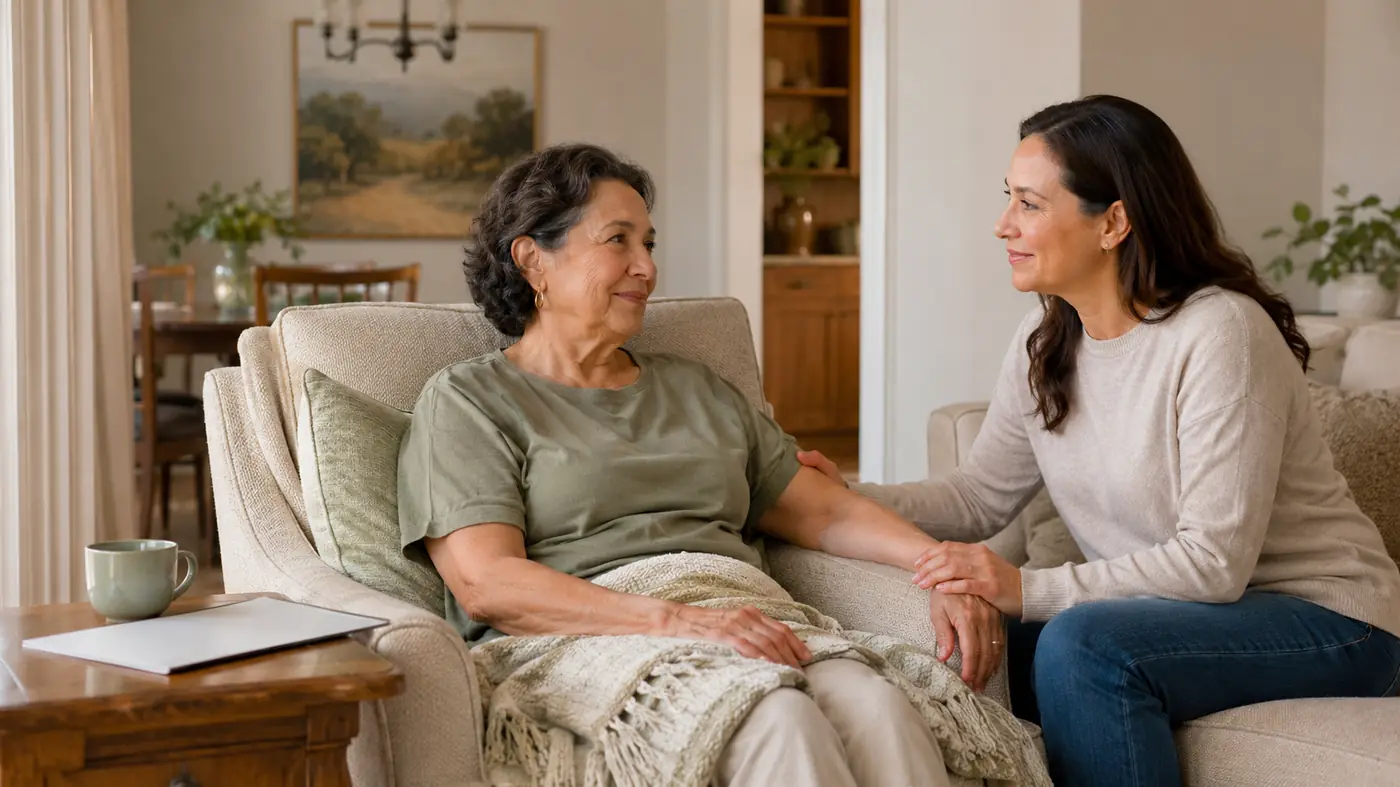 Adult daughter comforting her mother at home during recovery