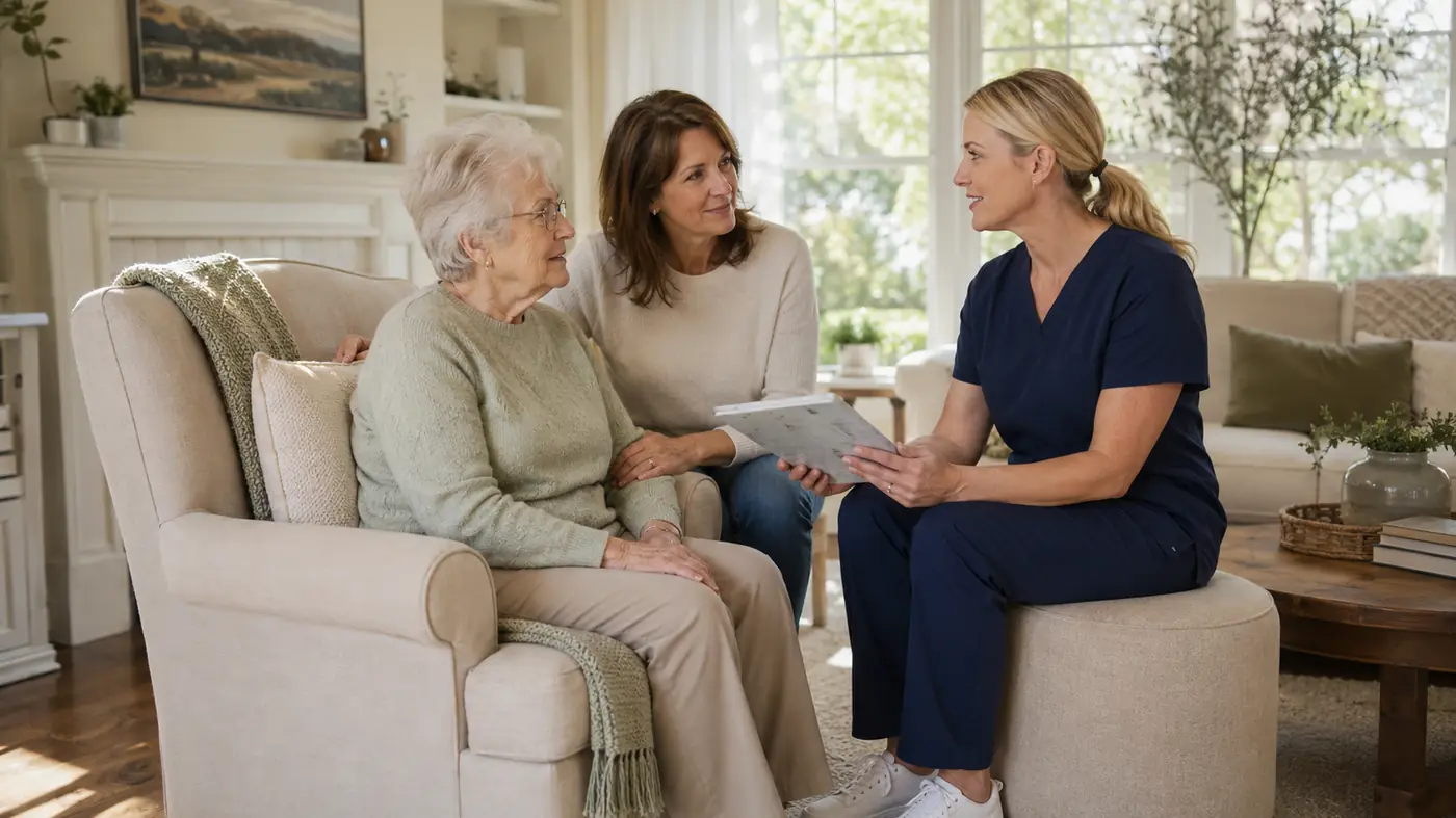 Registered nurse speaking with a senior patient and family caregiver