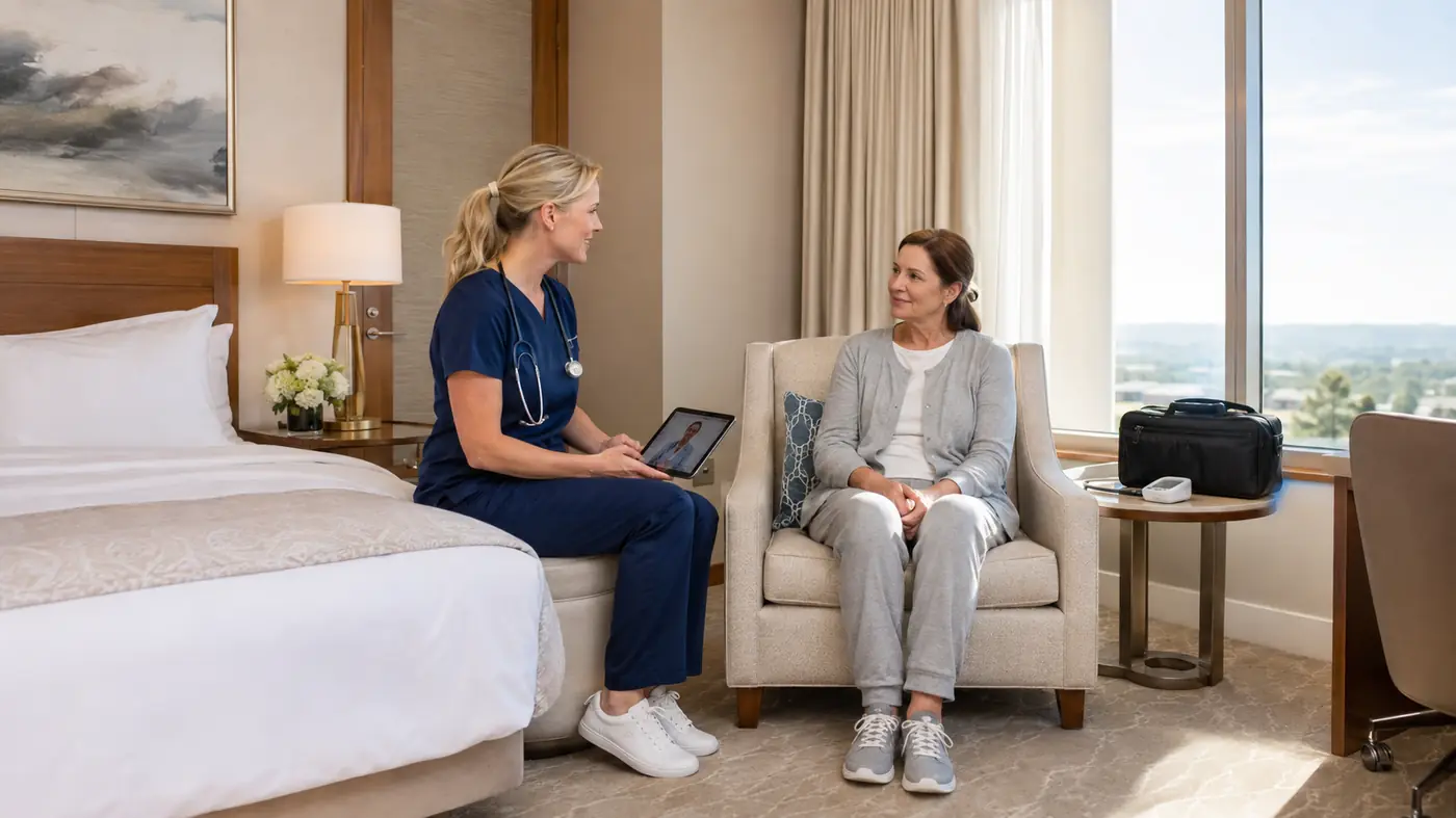 Nurse visiting a patient recovering in a hotel room, with a physician on a tablet