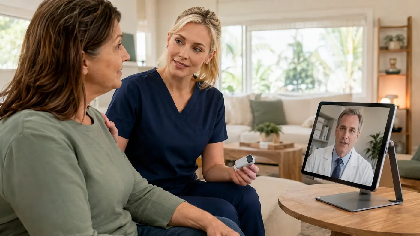 Registered nurse with a patient at home while a physician joins live by secure video on a tablet