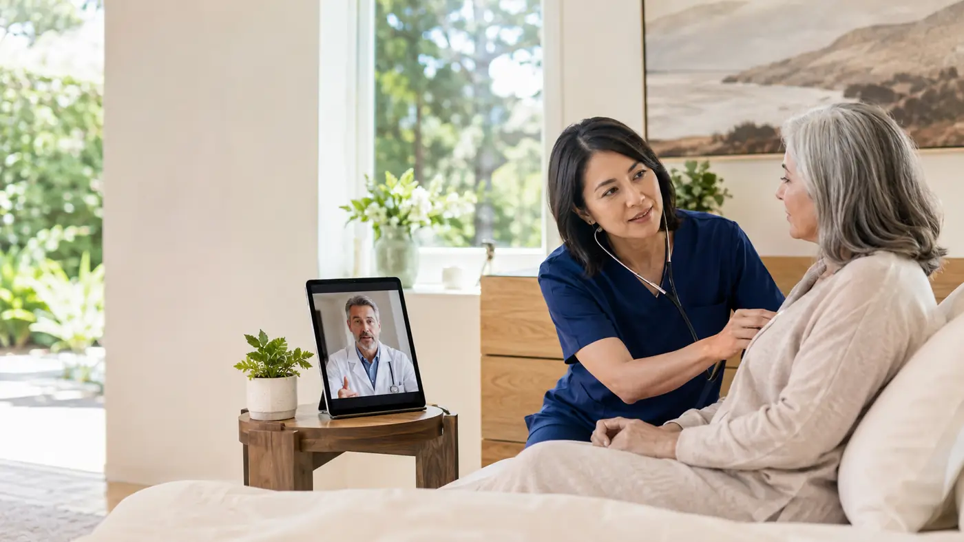 Nurse assessing a patient at home with a physician visible on a tablet