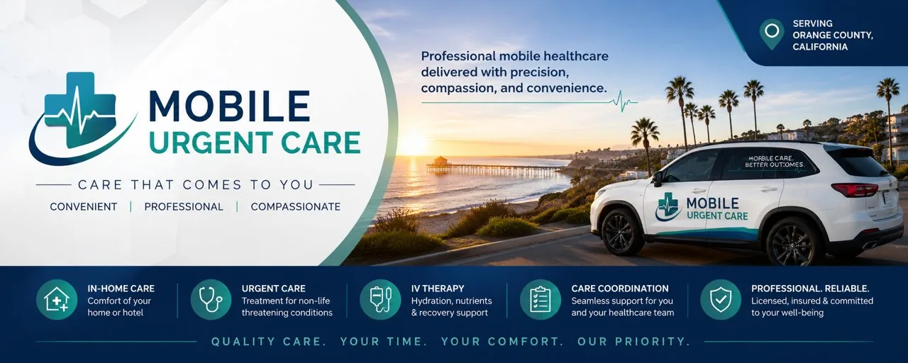 Mobile Urgent Care — logo, vehicle, and Orange County coastline with pier