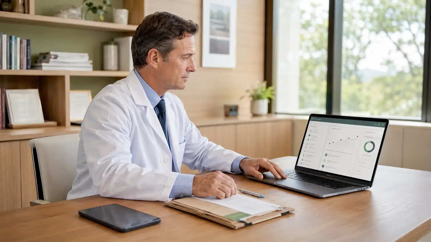 Physician reviewing a patient's care coordination dashboard