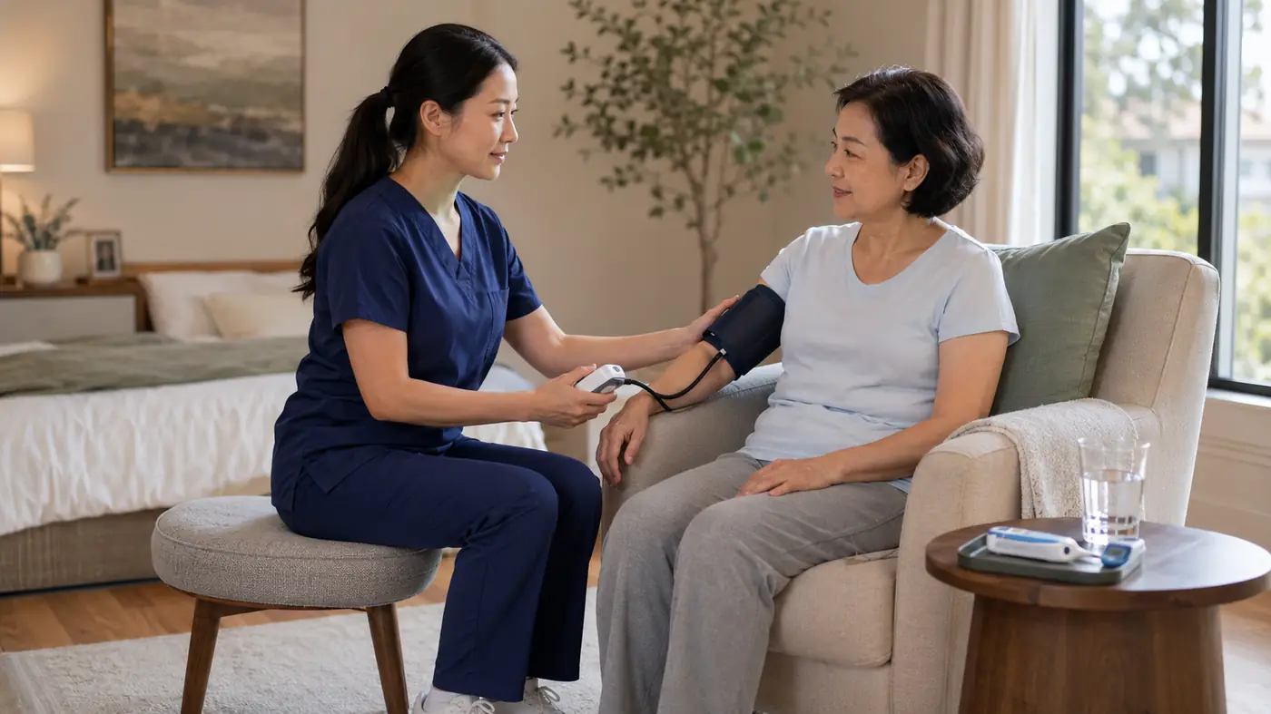 Registered nurse checking a patient's vitals during a home visit